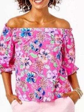 Lilly Pulitzer Women’s Small Leesa Pink Isle Last Bud Floral Off Shoulder NWT
